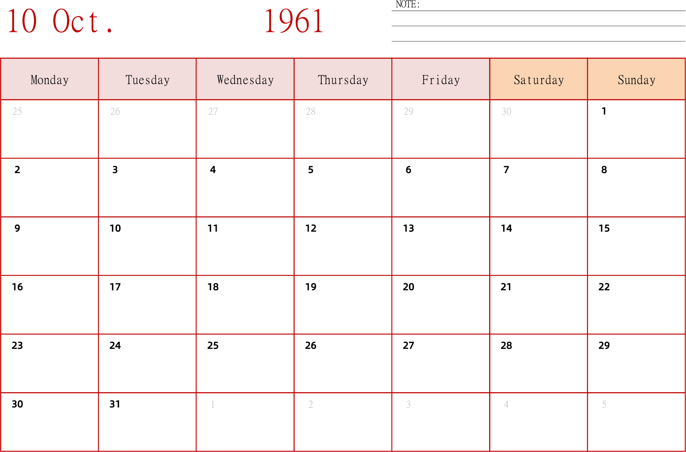 日历表1961年日历 英文版 横向排版 周一开始